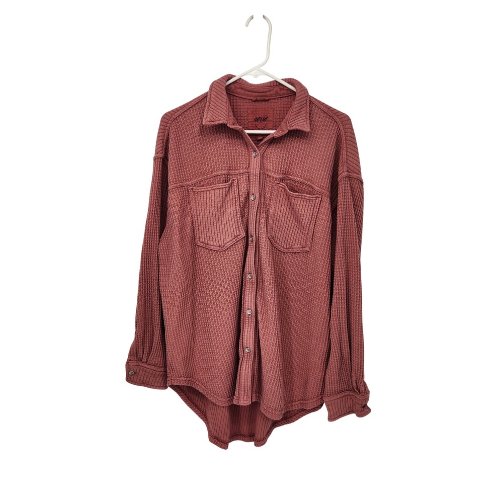 Aerie Womens Oversized Waffle Knit Button Down Shirt Rose Pink Terracotta Medium